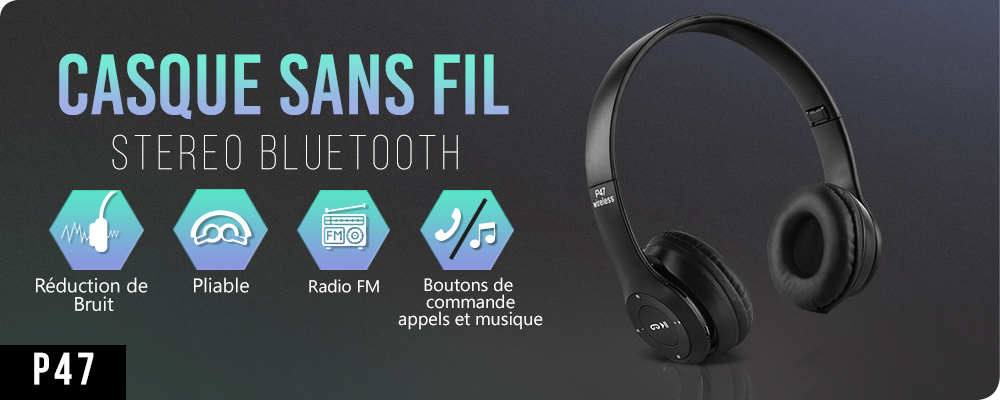 Casque Bluetooth sans fil pliable P47 avec prise audio 3,5 mm prise en  charge MP3/FM/appel (bleu)